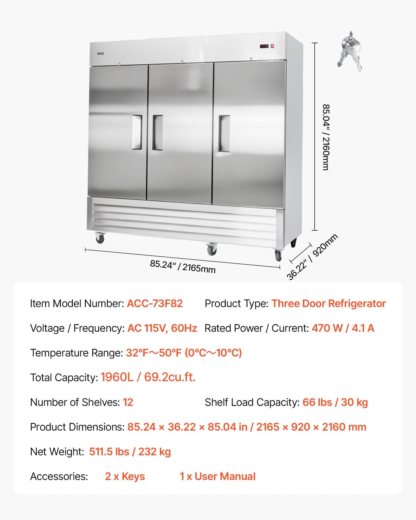 VEVOR Commercial Reach-In Refrigerator 85" W, 69 Cu.Ft Stainless Steel Upright Refrigerator with Three Doors, Auto-Defrost, 12 Adjustable Shelves, 32 to 50℉ Temp Control, ETL Certified