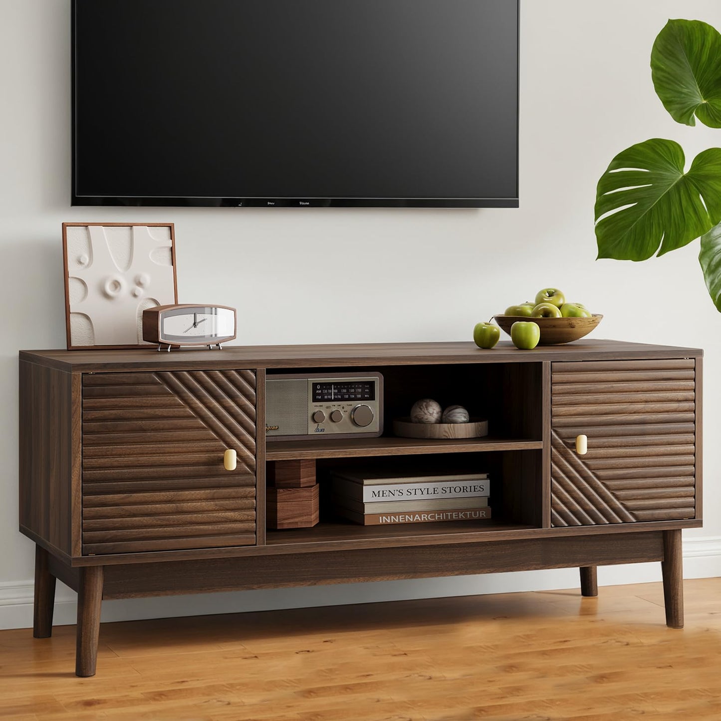 Kiasthome Walnut Mid-Century Modern TV Stand Wood Television Stand for TVs up to 45" Media Console with Storage for Living Room