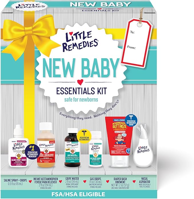 Little Remedies New Baby Essentials Kit with Saline Nasal Spray, Diaper Rash Cream, Gas Relief Drops, Gripe Water & More, ...