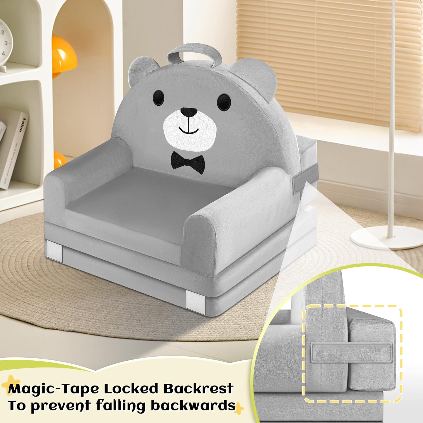 Kids Sofa Bed with Removable Washable Cover & Magic-Tape Backrest – Foldable Toddler Chair, Cozy Crystal Velvet Furniture for Playtime, Naps & Travel (Soft Grey, Bear Design)