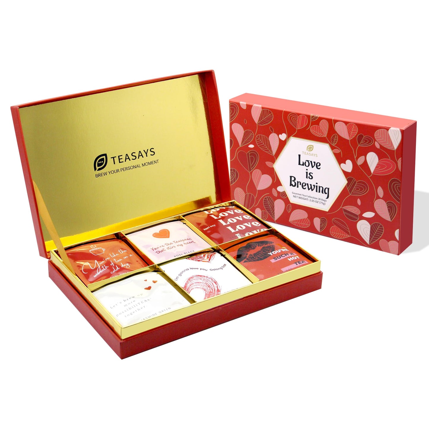 Love Is Brewing Tea Set by TEASAYS, Romantic Gift with Love Messages, 30 Premium Whole Leaf Tea Bags, Tea Sampler for Her, Him, Girlfriend, Boyfriend, Wife, Husband, Partner, Valentine, Date, Anniversary
