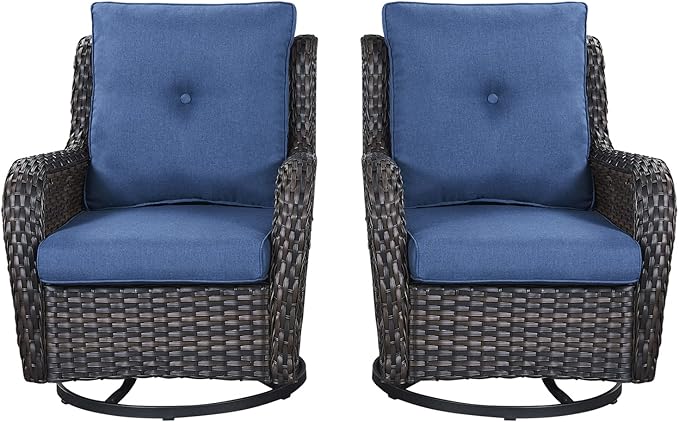 Rilyson Wicker Rocking Chair Swivel Chairs - 2 Piece Rocker Patio Chairs Set Rattan Rocking Chair for Outdoor Porch Deck Garden Backyard (Brown/Blue)