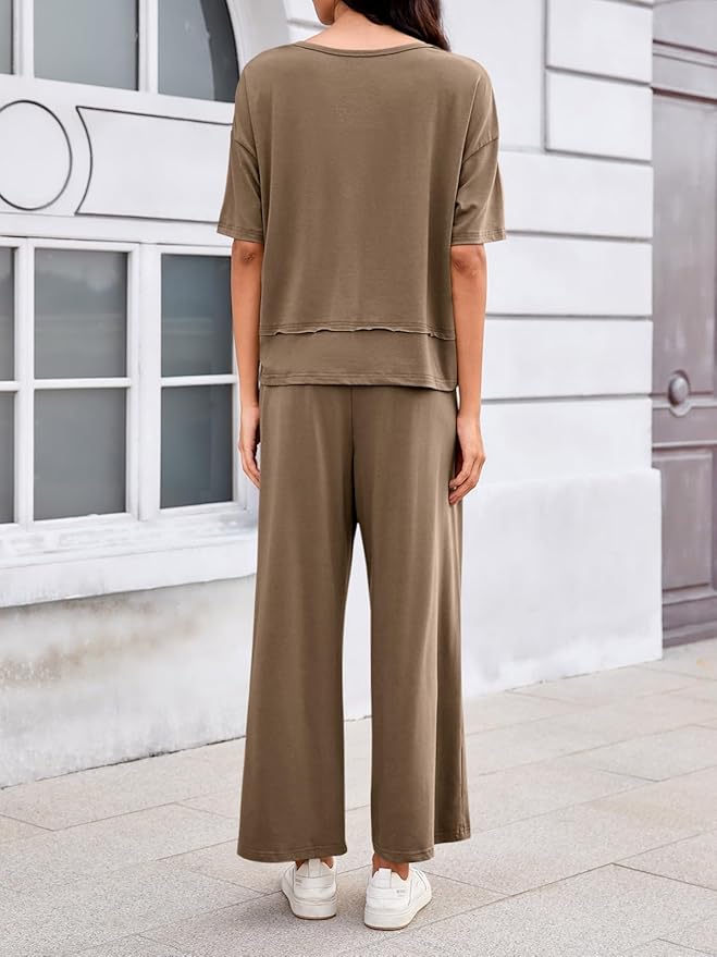 Tankaneo Womens 2 Piece Sets Casual Tracksuits Short Sleeve Tops Wide Leg Pants Outfits Lounge Sets