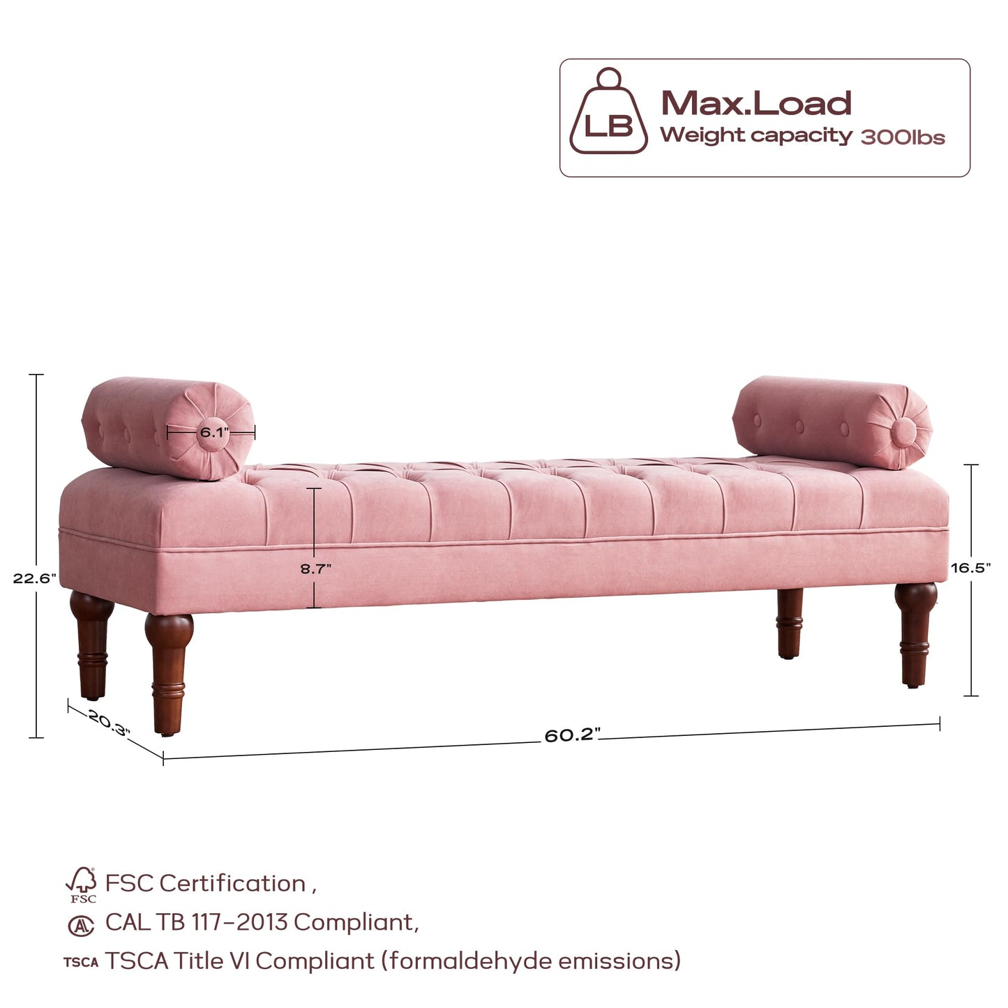 Batohom 60.2" End of Bed Bench,Large Size Bedroom Bench,Upholstered Window Bench with Button-Tufted,Entryway Bench,Storage Bench for Living Room(Pink)