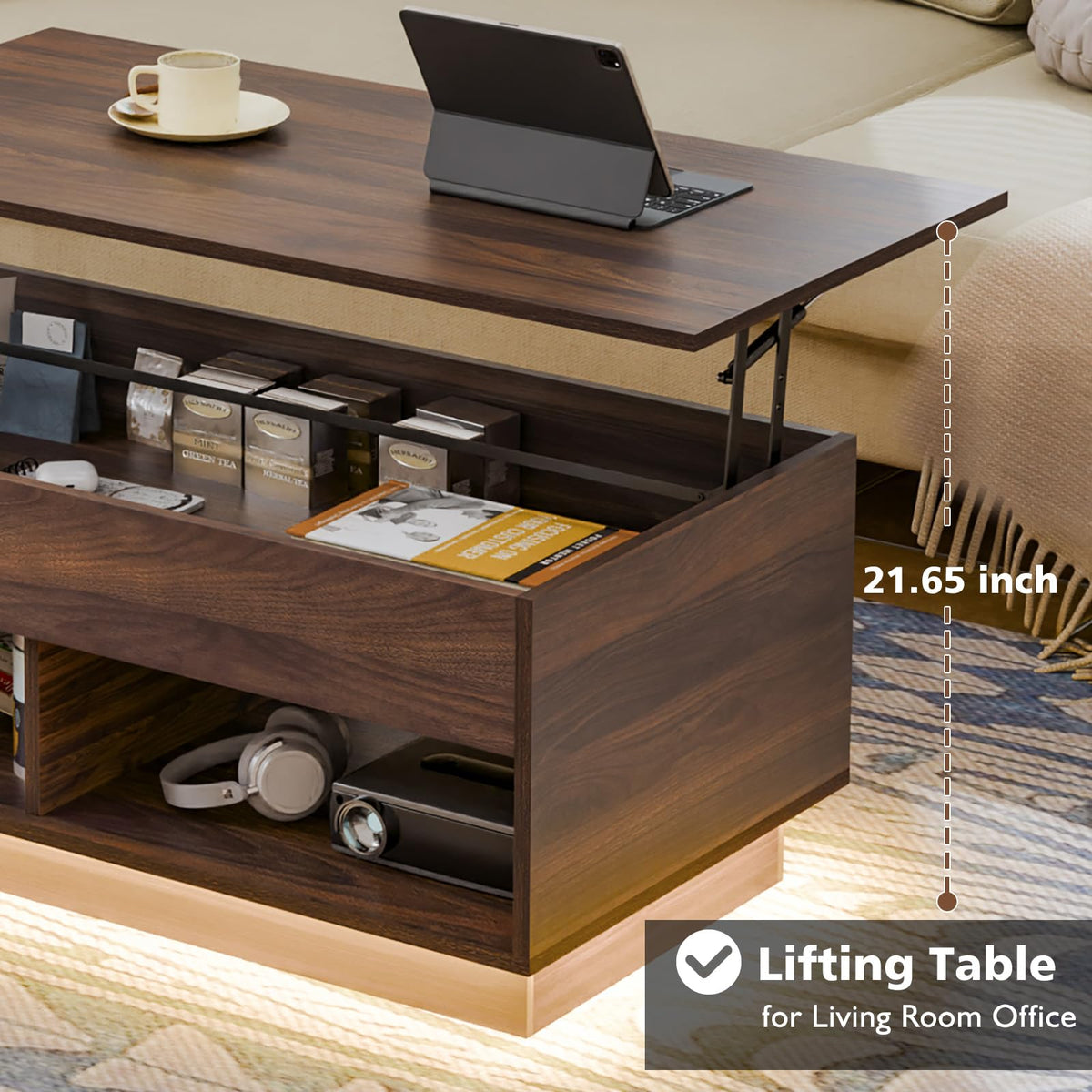 HOMMPA Modern Lift Top Coffee Table with Storage for Living Room LED Coffee Table Wodden Lift Tabletop Dining Table with Hidden Compartment and Metal Frame, Walnut