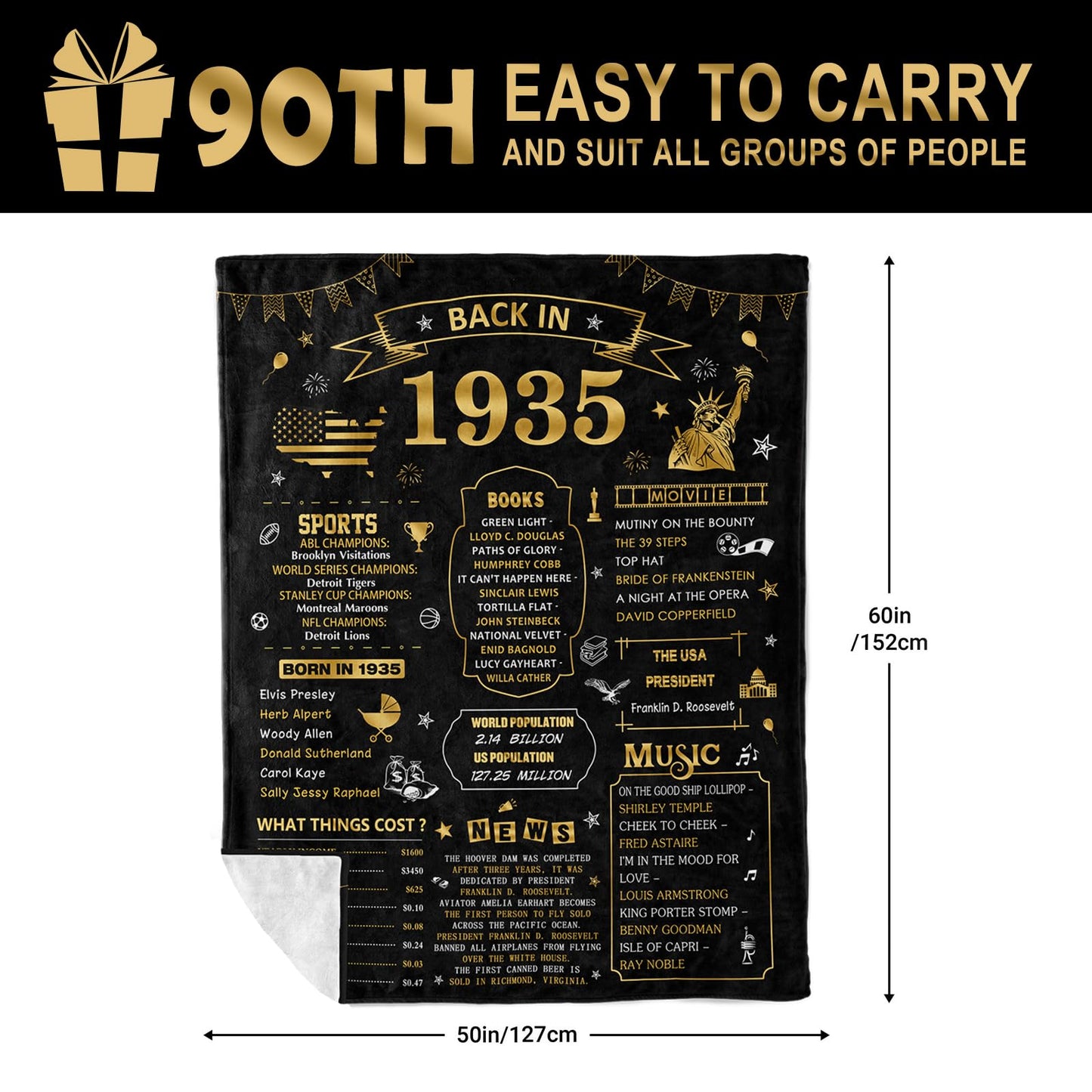 Neuturs 90th Birthday Blanket Gifts for Women Men, 90th Birthday Decorations for Women Men, Best 1935 Gifts for 90 Year Old Woman Man, Happy 90 Birthday Gift Ideas Decorations Blanket 60"X50"