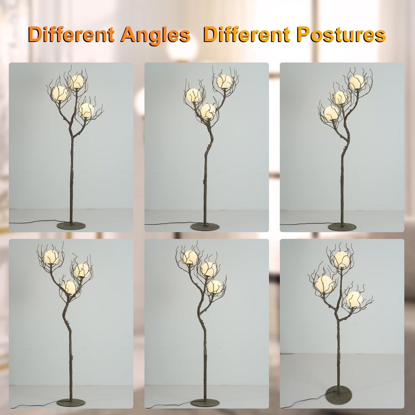 eccuslon Unique Floor Lamp for Living Room - Tree Trunk Design with 3 Moon Lights, Wood Grain Resin & Metal Base for Farmhouse, Bedroom and Office(63 Inch)