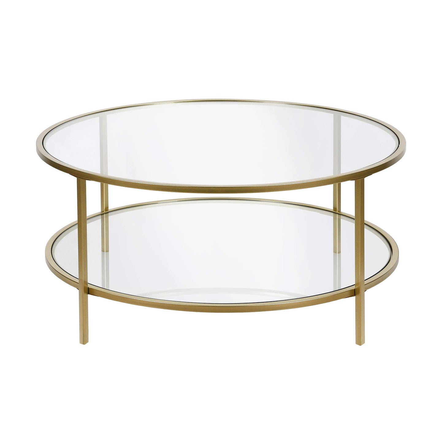 Henn&Hart 36" Wide Round Coffee Table with Glass Top in Brass, Round Coffee Table for living room, studio apartment essentials