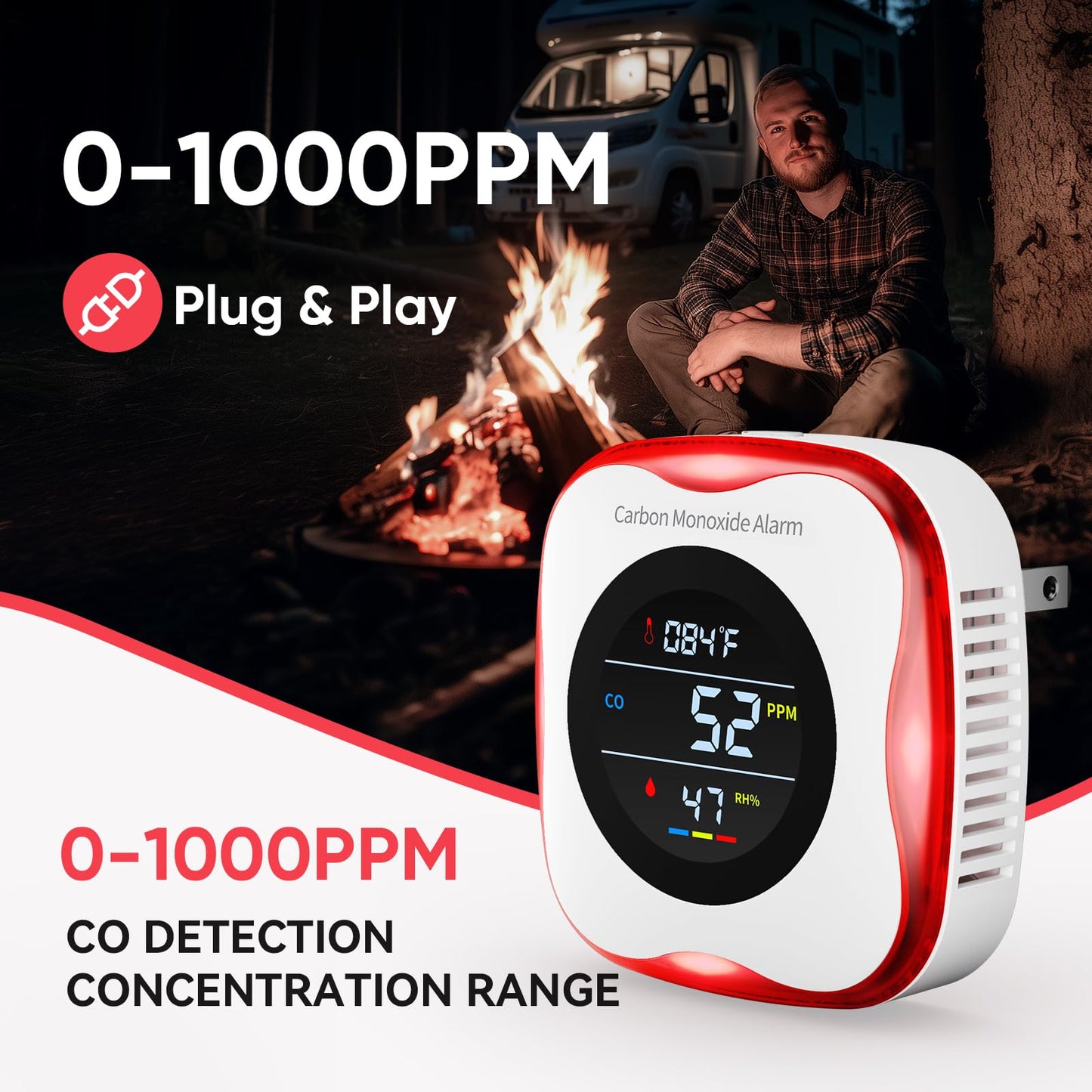 Carbon Monoxide Detectors Plug in, 3-in-1 Portable CO Detector with Temperature & Humidity Display for Home, Hotel, RV & Travel