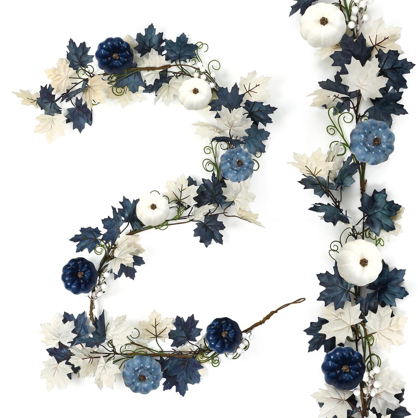 Zeyune 6ft Fall Blue Garland Decor Long Thanksgiving Garland with Pumpkin Autumn Maple Leaves White and Blue Pumpkins Wreath Hanging Rustic Decor for Front Door Kitchen Fireplace Home Indoor Outdoor