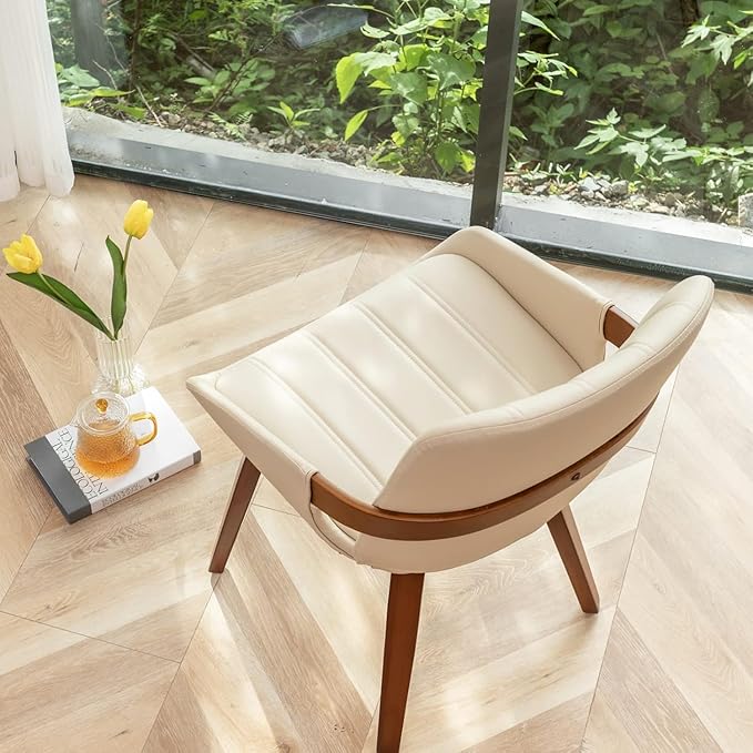 YOUUGIOR Mid Century Modern Faux Leather Upholstered Dining Chairs,Armless Accent Chairs with Sturdy Natural Wood Legs,Bamboo Backrest Support for Kitchen&Dining Room Chairs(1PCS,Beige)
