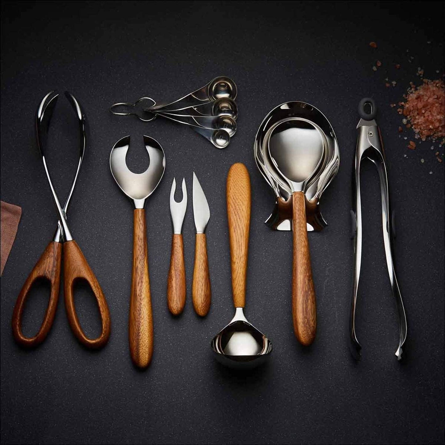 nambe Curvo Kitchen Ladle | 12.5 Inch Ladle for Serving Soups, Stews, and Sauces | Made of Stainless Steel and Acacia Wood | Designed by Steve Cozzolino