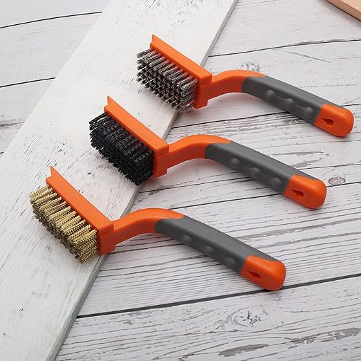 MAXMAN Wire Brush 3Pcs Brass/Stainless Steel/Nylon Wire Brushes for Cleaning Rust Bristle Brush Set with Rubber Curved Handle Grip Used for Dirt, Paint Remover (Orange+ Gray)