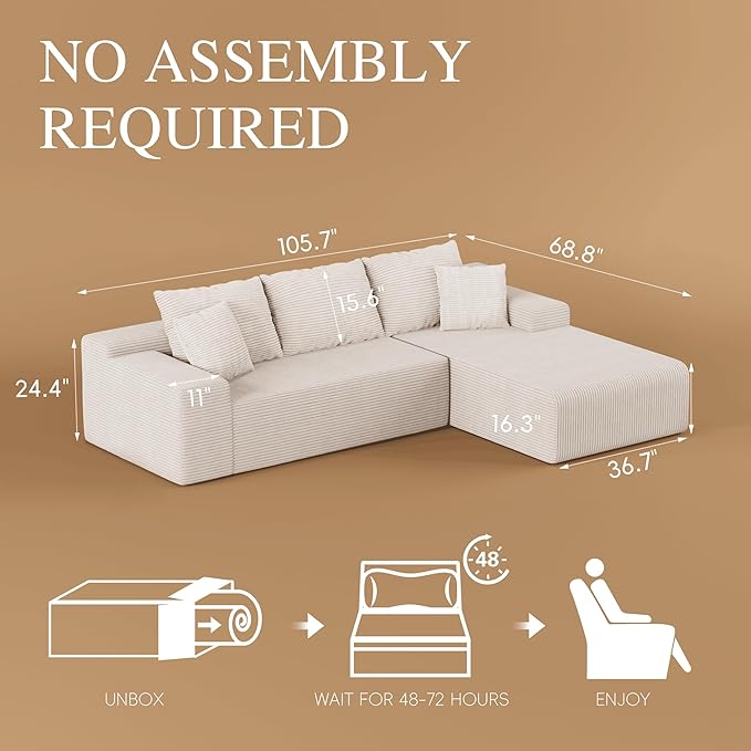 NAYA 106” Modular Sectional Sofa, Cloud Sectional Couch with Deep Seat, Modern Modular L-Shape Sofa Boneless Couch with Chaise for Living Room Bedroom (Beige, Sectional Sofa with Right Facing Chaise)