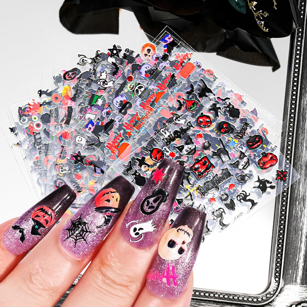 24 Sheets Halloween Nail Stickers 3D Self Adhesive Halloween Nail Decals Ghost Pumpkin Nail Art Stickers Spider Web Bat Nail Design Halloween Nail Art Supplies for Acrylic Nails Decorations for Women