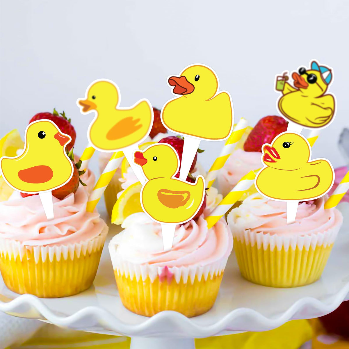 Duck Cake Topper Picks, 25 PCS Rubber Yellow Duck Cupcake Toppers Cake Decorations Ducky Farm Animal Theme Birthday Party Supplies Favors Decor Centerpiece Table for Boys Girls Carnival School Rewards