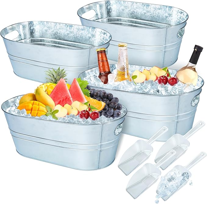 4 Pack Galvanized Metal Ice Buckets, 3 Gallon Ice Buckets for Parties Wine Beverage Tub with Carry Handle for Home/Bar Bee...