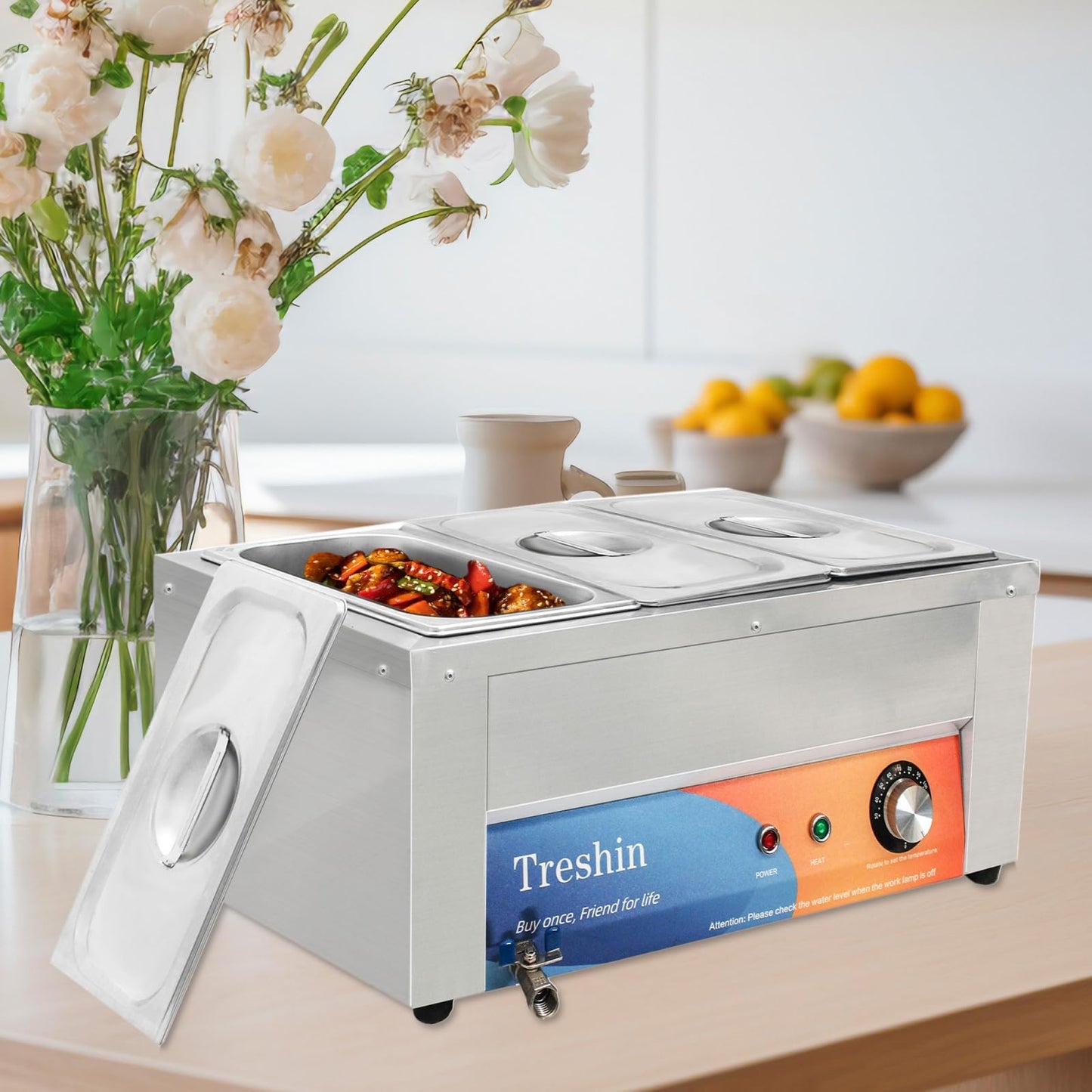 Treshin 3 Pan Commercial Food Warmer 21 Qt Capacity 1200W Stainless Steel Electrical Bain Marie Buffet Food Warmer Steam Table with Temperature Control & Lid for Home, Party, Catering, Restaurants