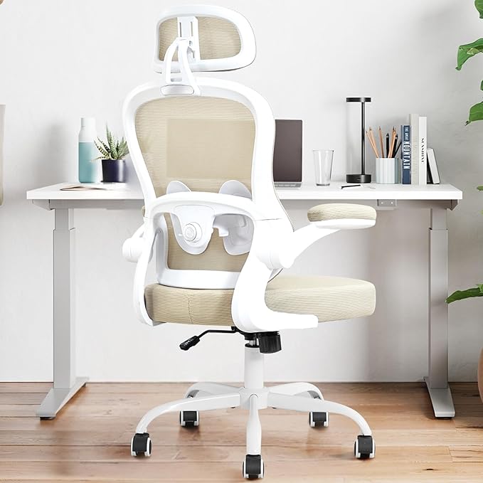 TUKAKA Ergonomic Office Chair,Ultra Thick Office Desk Chair with Adjustable Lumbar Support and Headrest,Spring Cushion,Rocking Function,Flip-up arms,Mesh Computer Chair for Home Office,Khaki