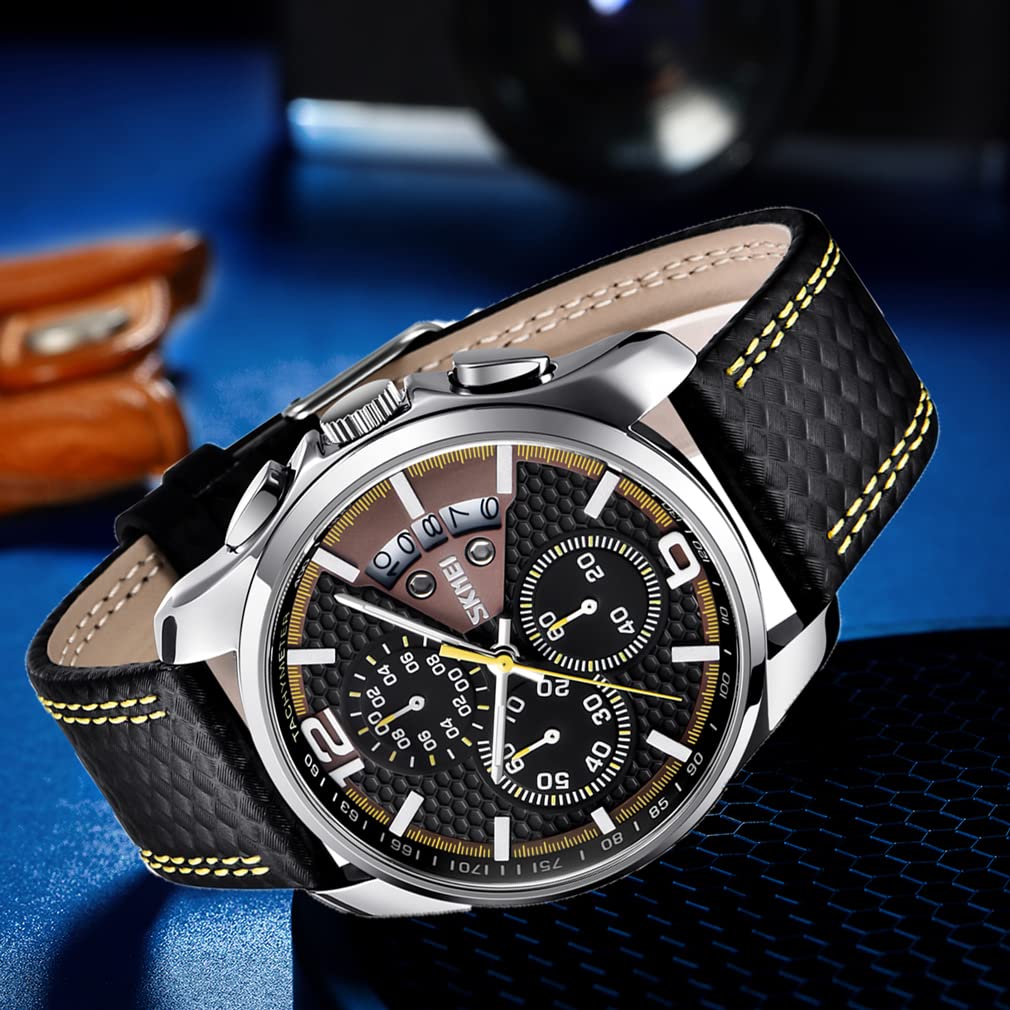 SKMEI Men Watches Black Leather Band Sports Large Big Face Luxury Waterproof Luminous Fashion Dress Casual Analog Quartz Chronograph Father Gifts Wrist Watch