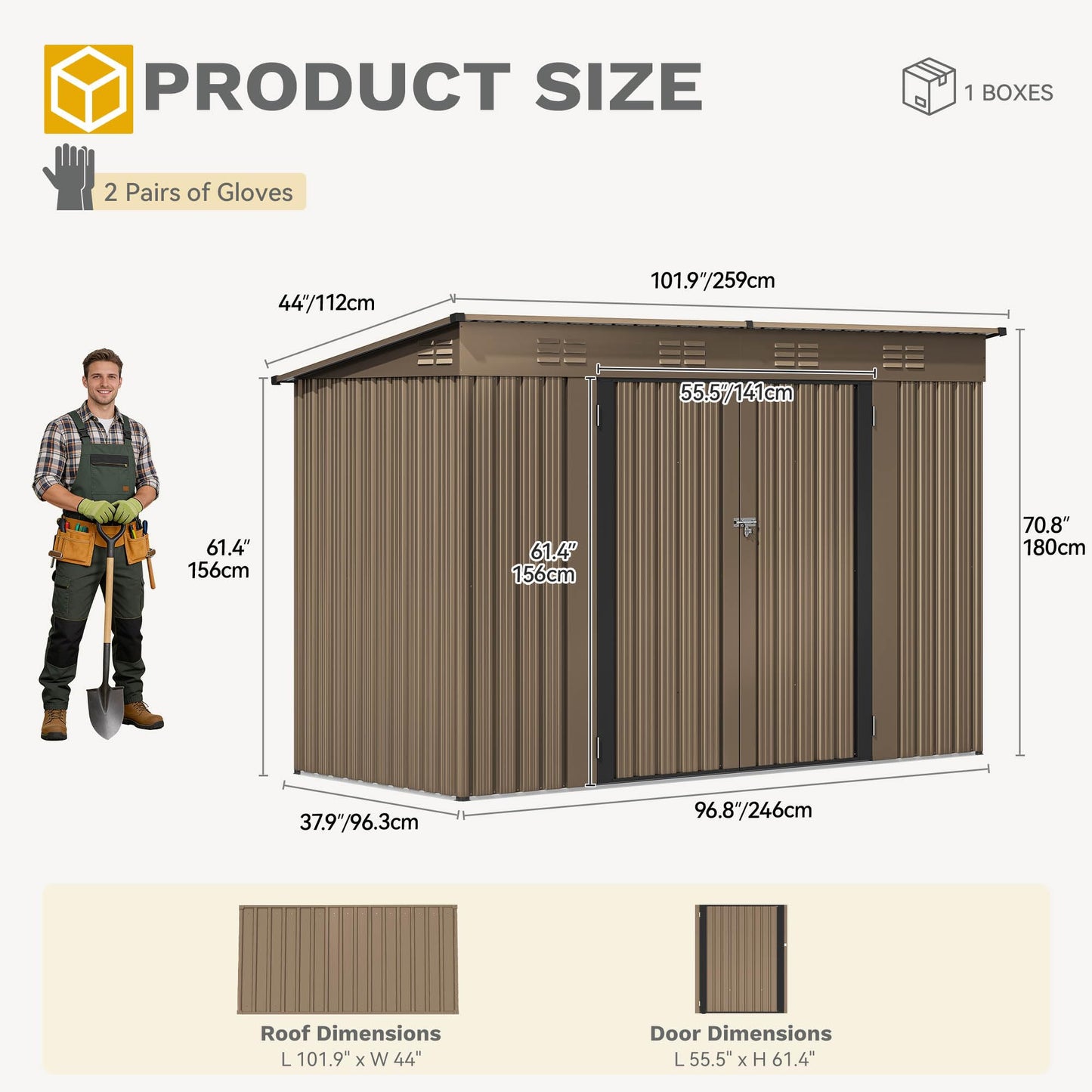DWVO 9x4ft Large Outdoor Storage Shed, Metal Tool Sheds, Heavy Duty Tool Storage with Lockable Doors & Air Vent for Backyard Patio Lawn to Store Bikes, Tools, Lawnmowers,Brown