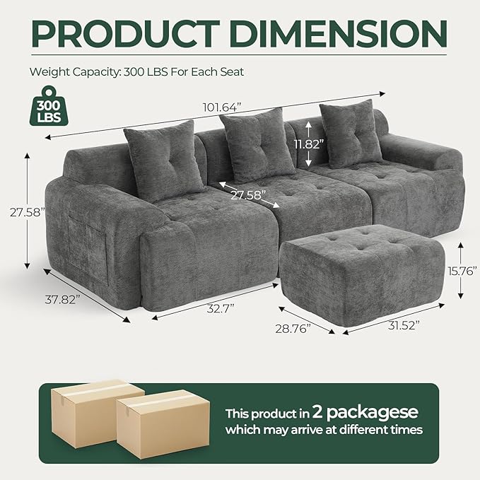 YAAREE 101.65” Modular Sectional Couch for Living Room, Modren L-Shape Cloud Sectional 3-Seater Sofa with Movable Ottoman, Woven Texture Upholstery Boneless Couch, No Assembly Grey