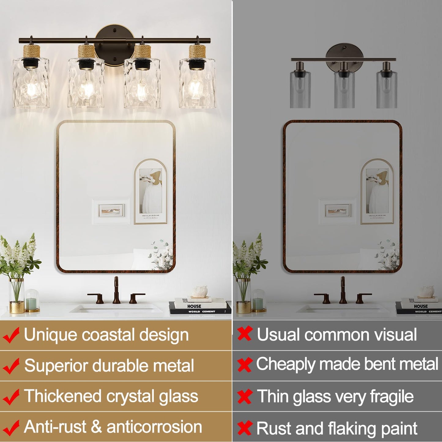 MOKATNG Bathroom Light Fixtures, 4-Light Coastal Vanity Lights with Crystal Glass Shade, Oil-Rubbed Bronze Bathroom Wall Lamp for Mirror Kitchen Hallway Cabinet