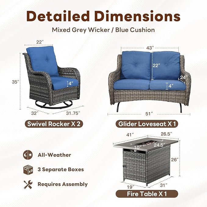 Belord 4 Piece Patio Furniture Set with Fire Pit Table - 41inch 50000 BTU Propane Fire Pit Table with High Back Loveseat Glider Chair and 2 Swivel Rocker Chair for Casual Gathering