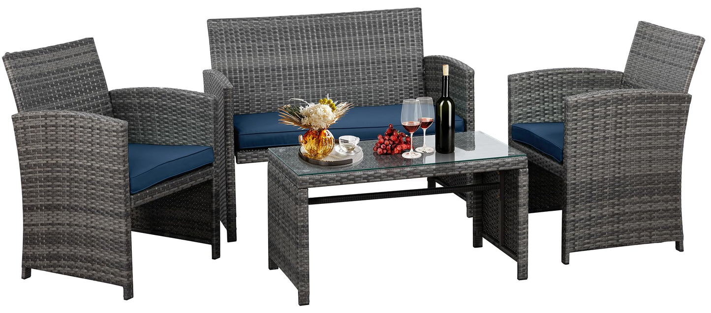 JAMFLY 4 Piece Outdoor Patio Furniture Set, Outdoor Wicker Rattan Chairs Conversation Sets with Cushions & Coffee Table for Outside, Garden, Balcony, Porch, Dark Blue