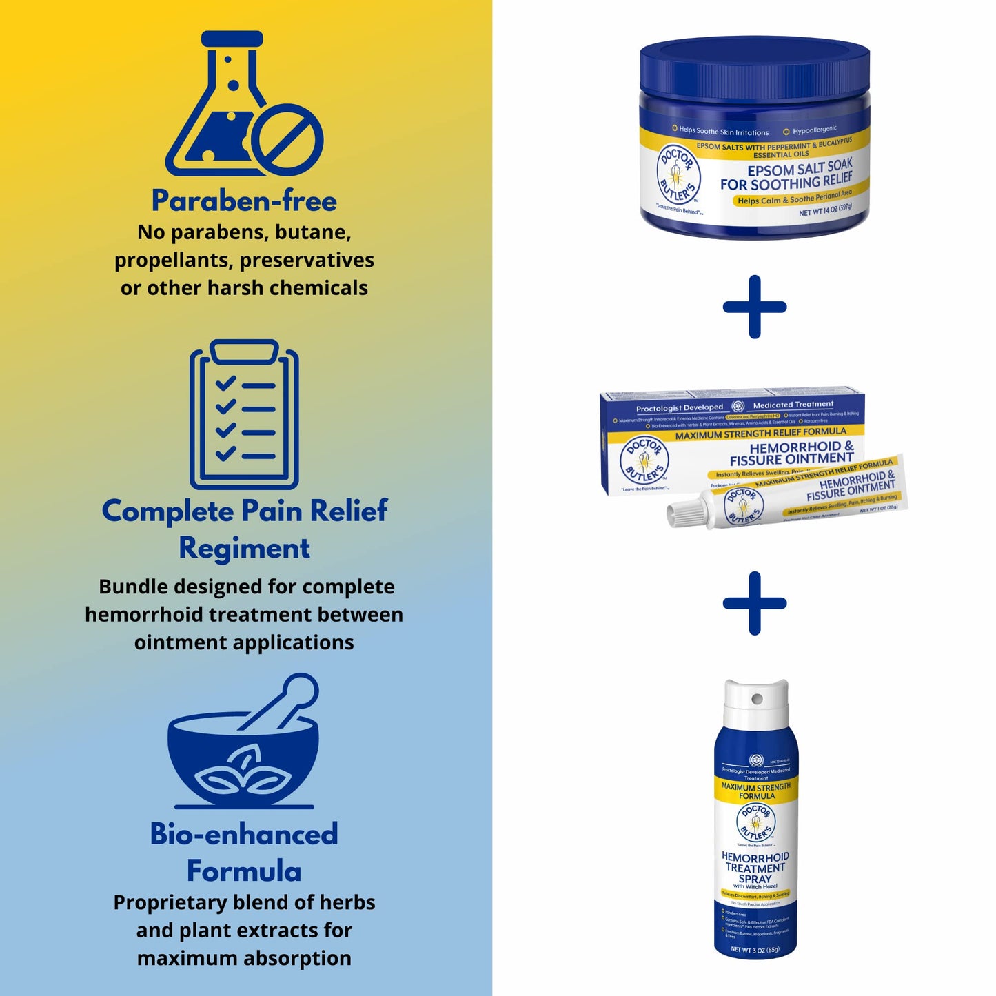 Doctor Butler's Hemorrhoid Treatment Bundle - Includes Hemorrhoid & Fissure Ointment with 4% Lidocaine, Hemorrhoid Spray with Witch Hazel, and Epsom Bath Salts to Help Reduce Irritation