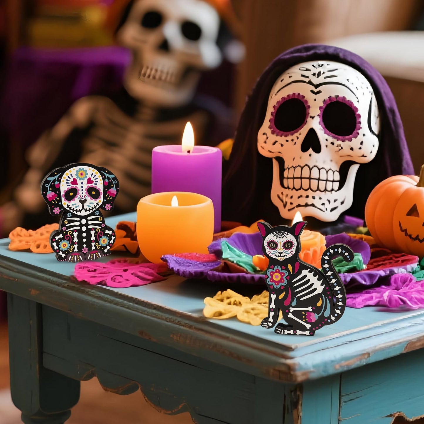 flangairy Wooden Day of The Dead Dog Cat Figurine, 2 Piece Dia De Los Muertos Ofrenda Altar Sugar Skulls Altar Table Decorations, Mexican Halloween Indoor Tiered Tray Shelf Tabletop Decor for Home