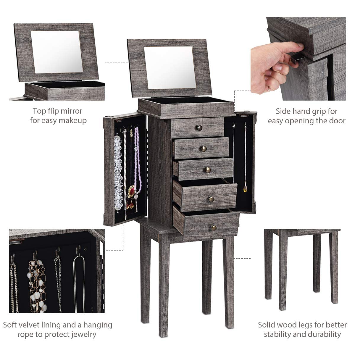 OFFICEJOY Standing Jewelry Armoire Cabinet w/Top Flip Mirror, 5 Drawers, 2 Doors, 8 Necklace Hooks, Jewelry Storage Chest Organizer for Earrings Necklaces Bracelets, Make Up, Girls Women Gift (Gray)