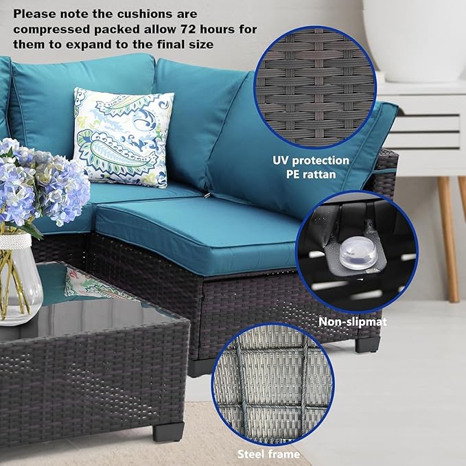 3D MATRIX 8 Pieces Patio Sets with 28" Gas Fire Pit Table Wicker Rattan Outdoor Furniture Set Conversation Set with Garden,Balcony,Pool, Deck (Brown & Peacock Blue, 8pcs Set)