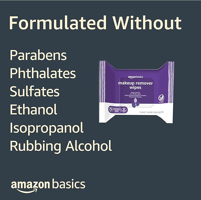 Amazon Basics Makeup Remover Wipes, Gentle Cleansing, Dermatologist Tested, Night Calming, Plant Based, Alcohol-Free, Removes Waterproof Mascara, 25 Count Per Pack, Pack of 6