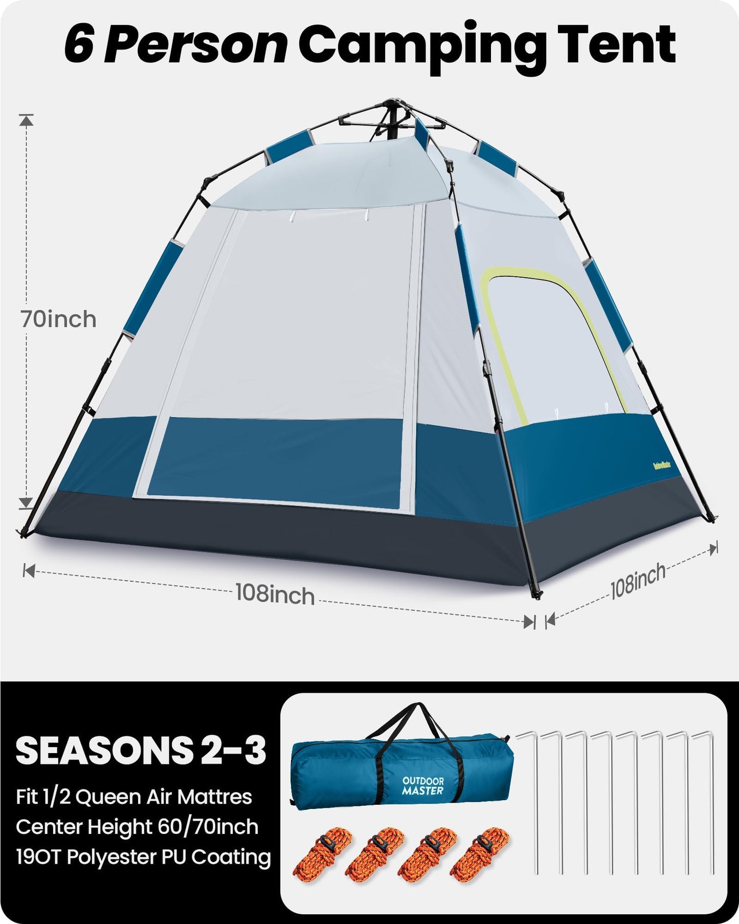 OutdoorMaster Updated Camping Tents, 4/6 Person Camping Tent with Blackout Shelter Technology, Easy Setup in 60 Seconds, Weatherproof Pop Up Tent with Top Rainfly, Cabin Tent (Dark Blue, 6 Person)