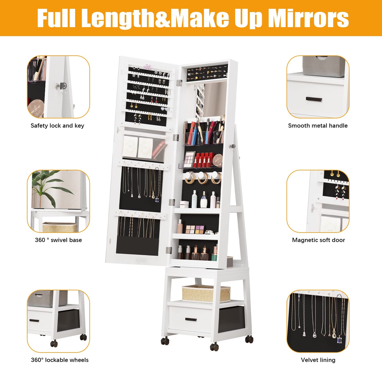 GAOMON 66" H Jewelry Armoire with Full Length Mirror, 360° Rotating Jewelry Cabinet, Inside Makeup Mirror, Standing Lockable Cabinet Organizer, Large Capacity, Rear Storage Shelves, Drawer, Wheels