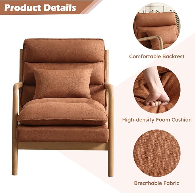 IOMOR Mid Century Modern Accent Chair, Upholstered Lounge Armchair with Plump Back Pillow, Comfy Reading Chair with Solid Wood Frame for Bedroom Living Room, Brown
