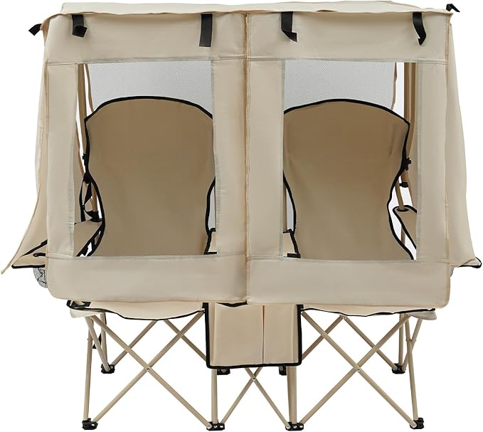 Bathrena Double Camping Chair with Canopy, 600Lbs Capacity 2 Person Portable Folding Outdoor Loveseat with Shade,Cup Holde...
