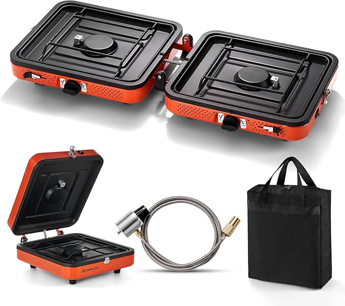 Odoland Portable 2 Burner Camping Stove Propane 17000 BTU/h Gas Stove Collapsible Backpacking Stove for Indoor Outdoor Coo...
