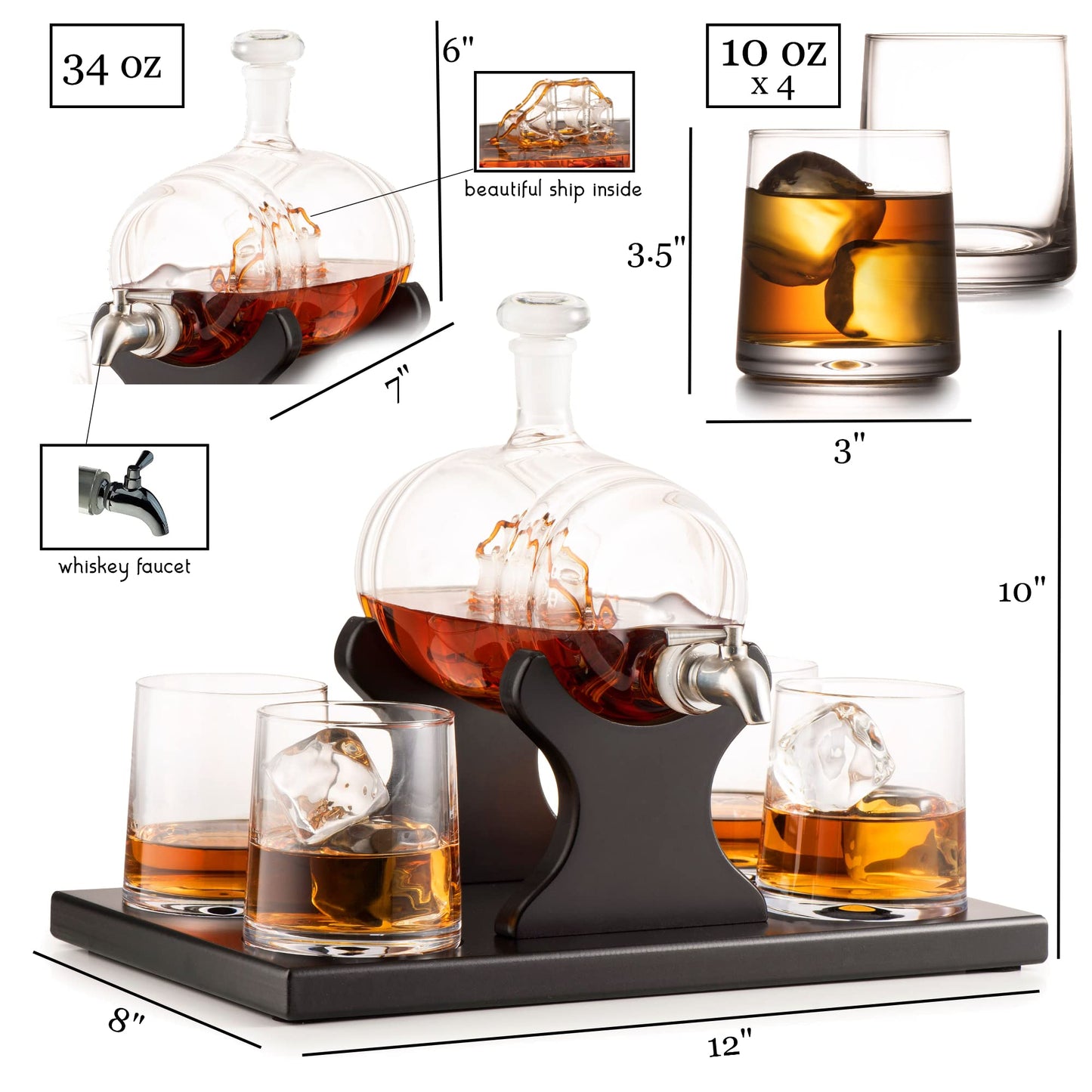 Bezrat Whiskey Decanter Barrel Set - 1000ml Liquor Dispenser - 4 Glasses - Ship in a Bottle Bar Gifts