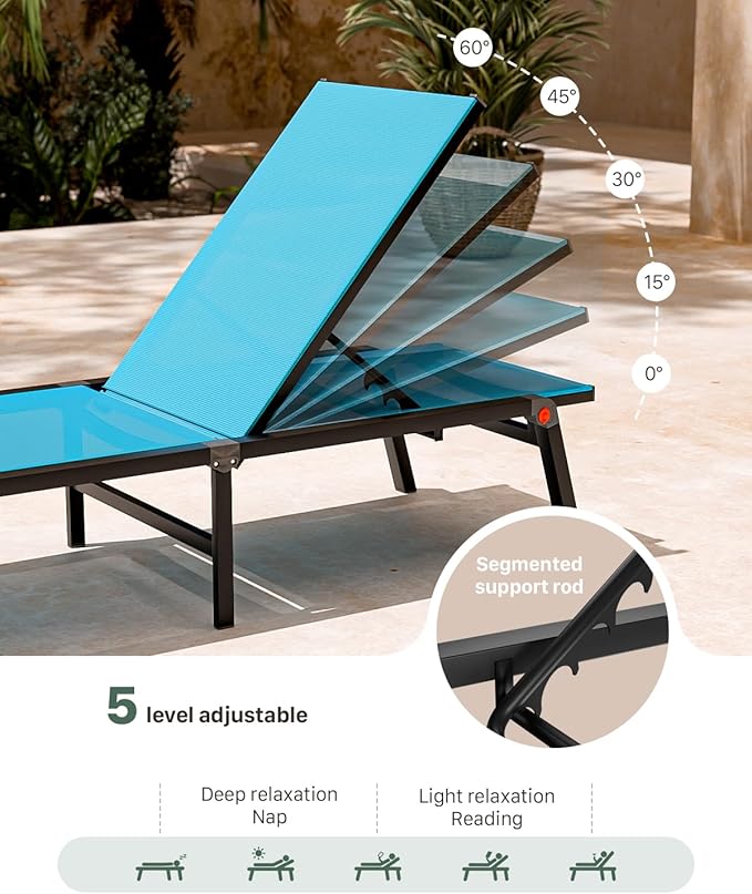 WOAJNQO Aluminum Patio Chaise Lounge Chair Set of 2 with Side Table,5-Position Adjustable Backrest,Foldable Lounge Chair Outdoor,Pool Lounge Chairs for Poolside,Lawn,Deck,Beach (Blue, 2 Pack+Table)
