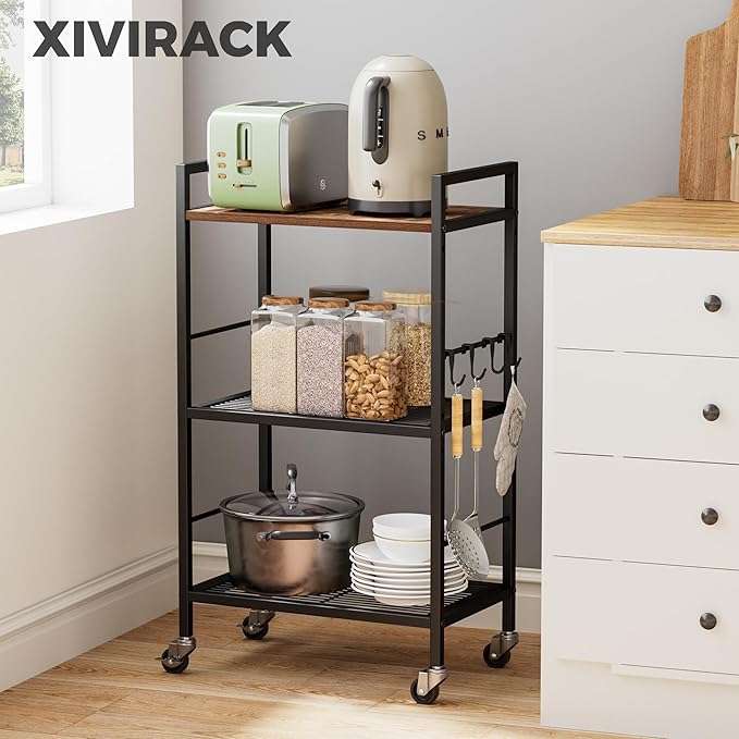 XIVIRACK 3-Tier Metal Storage Rack with Industrial Wheels,Mesh Shelving Unit with Wooden Table top,Adjustable Shelf,16.9-Inch Width,for Kitchen,Laundry,Pantry,Plant,Black