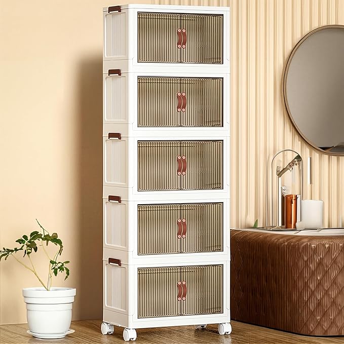 5-Tier Storage Bins with Wheels, Large Stackable Storage Bins Open Front, Foldable Plastic Containers, Clear Plastic Stackable Organizer Boxes, 450 QT Capacity, White (5 Tier, 25.8″)