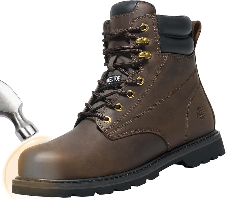 NINGO Steel Toe Work Boots for Men, Waterproof Comfortable Leather Industrial & Construction Boots, Oil & Slip Resistance ...