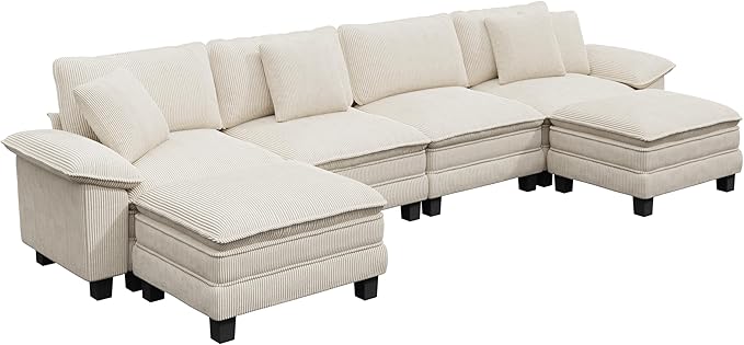 MIXPATIO 157-Inch U Shaped Sectional Sofa with Cloud Cushions, Deep Seat Modular Couch Set w/ 6 Seats & 2 Ottomans, Removable Arms, Plush Corduroy Upholstery for Living Room, Apartment - Beige