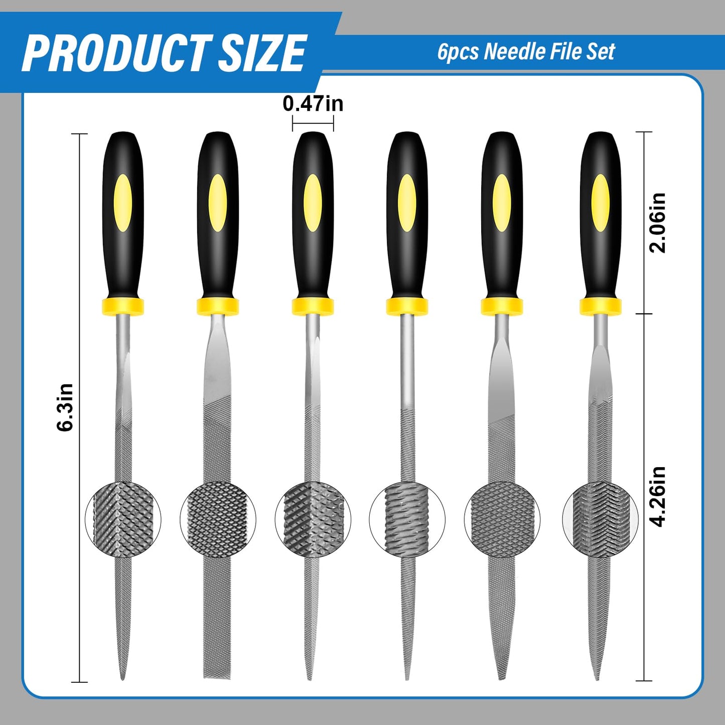 IEGREMAR 6pcs Metal Needle File Set, Mini Hand Metal Needle File Sets, 3rd Generation Hardened Alloy Strength Steel Set, Includes Flat Warding, Round, Flat, Triangular, Square and Half - Round Files