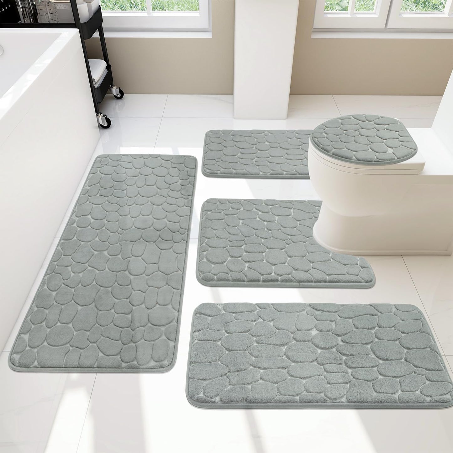 YIHOUSE Bathroom Rugs Sets 5 Piece, Cobblestone Memory Foam Bathroom Mats Set Extra Thick, Non Slip Bath Mats for Bathroom, Water Absorbent, Washable Light Grey Bath Rugs for Tub, Toilet and Floor