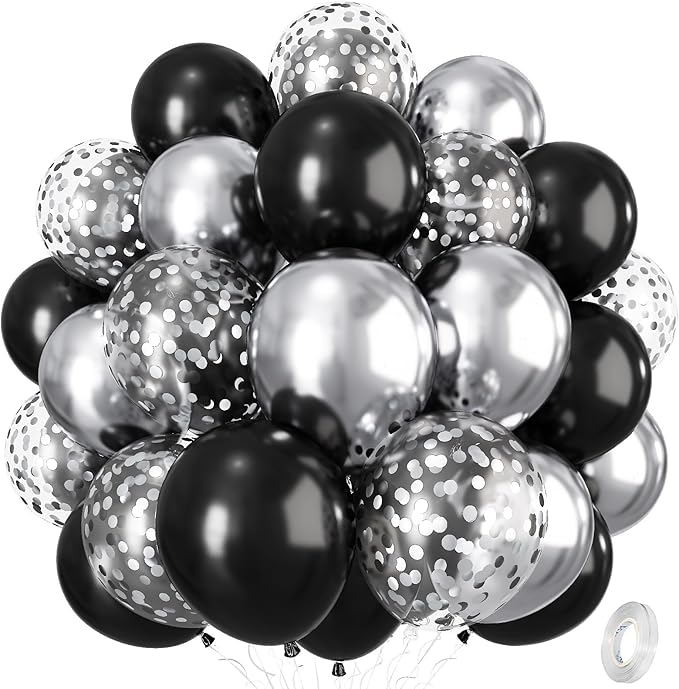 Black and Silver Balloons, 12 Inch Metallic Chrome Black Silver Confetti Latex Helium Balloons for Men Boys Birthday Baby ...