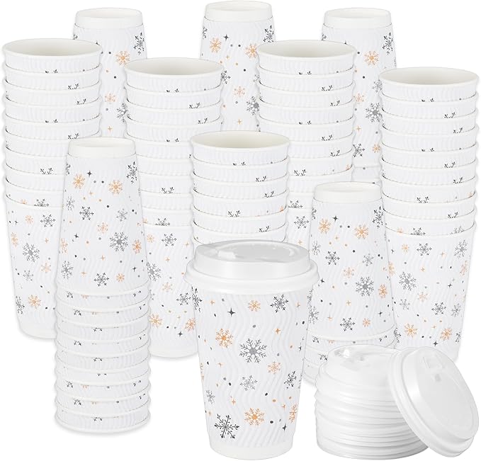 Foxtell 100 Pcs 16 oz Christmas Coffee Cups with White Lids Snowflake Disposable Paper Cups Bulk Insulated Hot Cocoa Cup f...