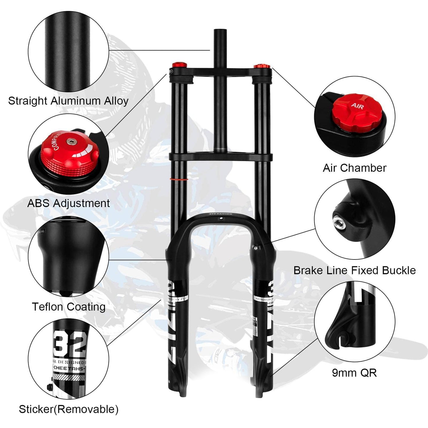 ZTZ 20/26 inch 4.0 Fat Tire Bike Air Suspension Fork - 180mm Travel, 135mm Hub Spacing, QR 9mm, Double Crown Shock Absorber Fork for MTB Fat Snow Beach E-Bike (Black Fat Tire Fork, 20 inch)